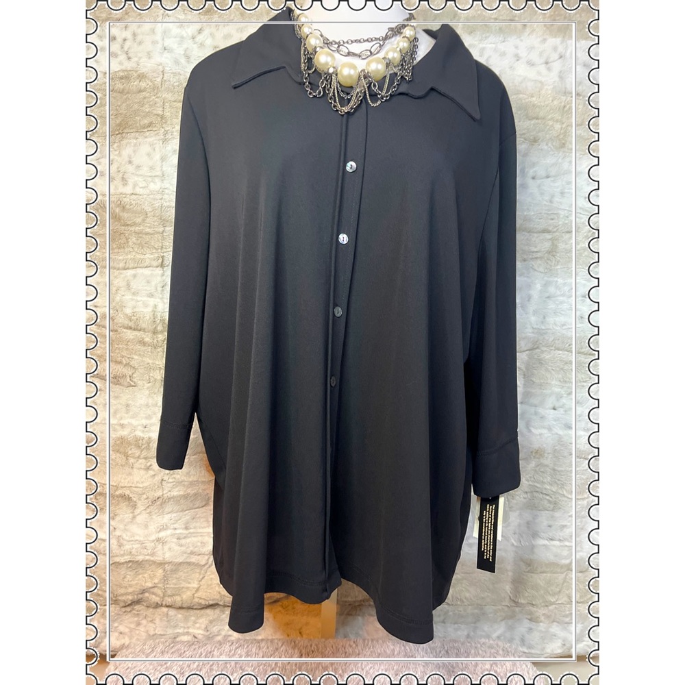 Black button down 3/4 sleeve collared poly blouse women’s size 2x